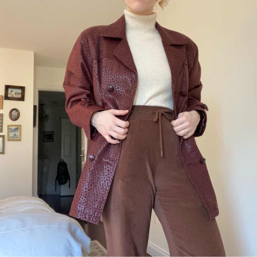 Women's Red vintage Textured Leather Trench Jacket